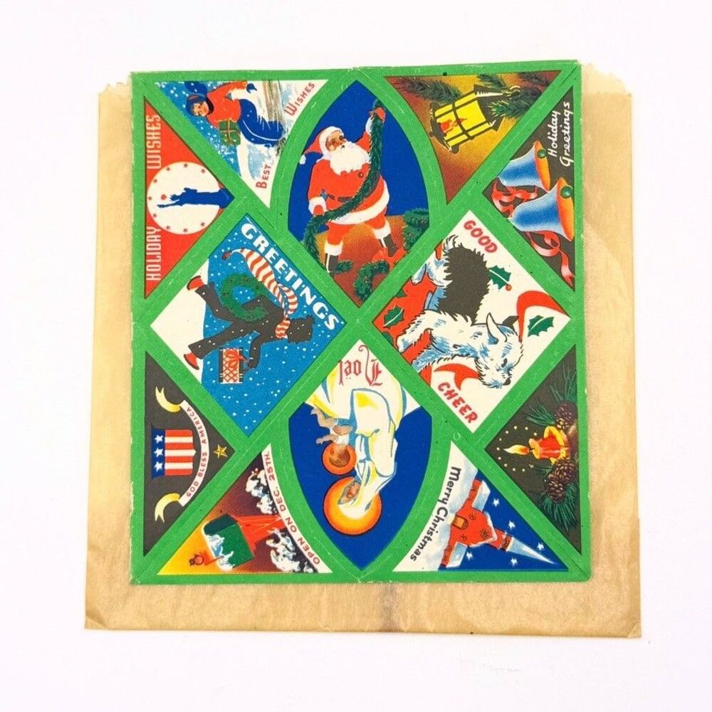 Vintage Christmas Gummed Seals Sheets Santa Dog Angel Holiday Ephemera AS IS